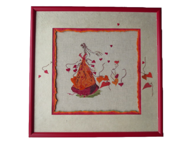 Encadrement broderie point de croix : papiers déchirés, coeur en papier (44 cm x 45 cm)