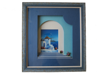 Encadrement peintures. Biseau escalier, passe-partout chantourné, décor de fleurs sur les marches