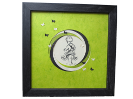 Encadrement dessin. Biseau tourbillon, passe-partout habillé de papillons en relief