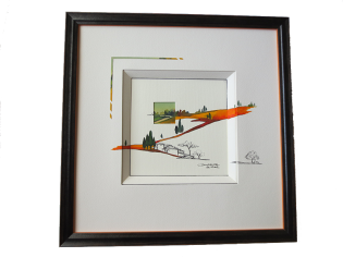 Biseau anglais double avec prolongement du dessin à l‘aquarelle et à l‘encre, filet sur le passe partout dans l‘angle supérieur gauche