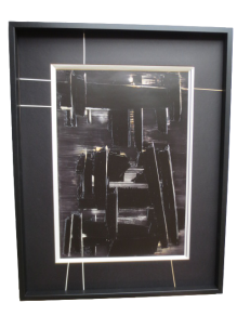 Encadrement de l‘Huile sur Toile du 27 Août 1958 de Pierre SOULAGES : passe-partout noir, multibiseaux à 45°, filet sur passe-partout, file t sous passe-partout, filet sous le biseau