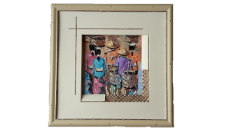 Peinture ramenée d‘un voyage à BALI : sur 2 côtés biseau droit, sur 2 côtés biseau fantaisie dont une partie est en treillage, avec des jeu de filets (31.7 cm x 31.7 cm)