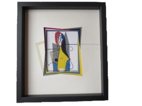 Encadrement de la "Femme dans le fauteuil de Pablo PICASSO : technique du double chevron positif avec des détails repris à l‘aquarelle (23.5 cm x 26.5 cm)