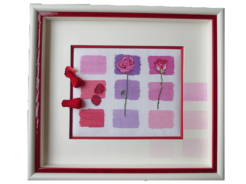 Encadrement broderie : biseau anglais, passe partout aquarellé, ajout de pétales de roses naturalisés, double baguettes